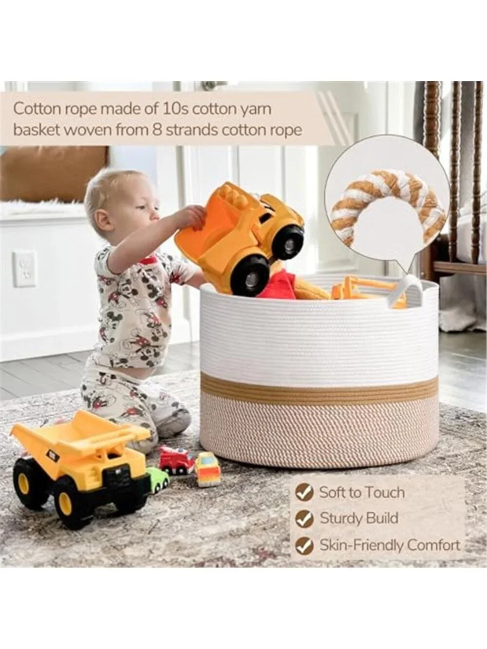 New XXXLarge Woven Rope Blanket Basket Living Room White Camel, 90L